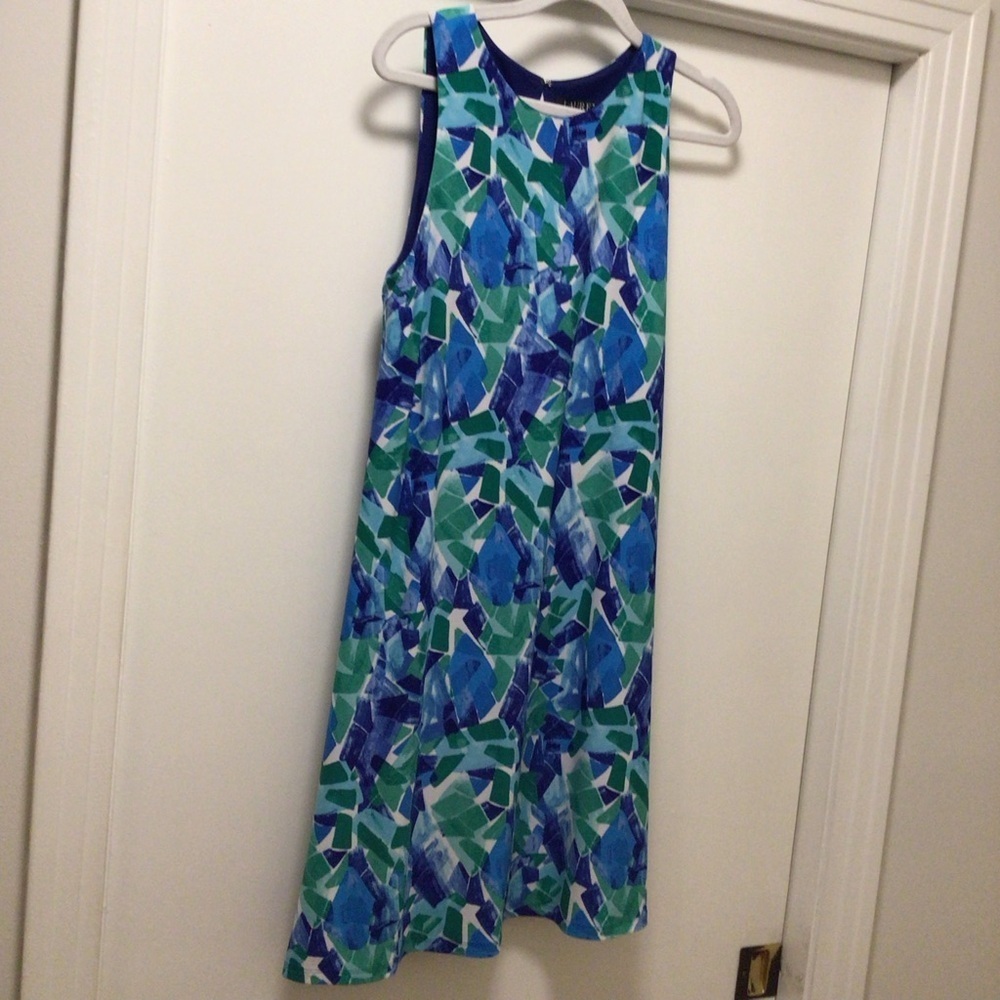 Womens Lauren Ralph Lauren Blue and Green Trapeze Sleeveless Dress